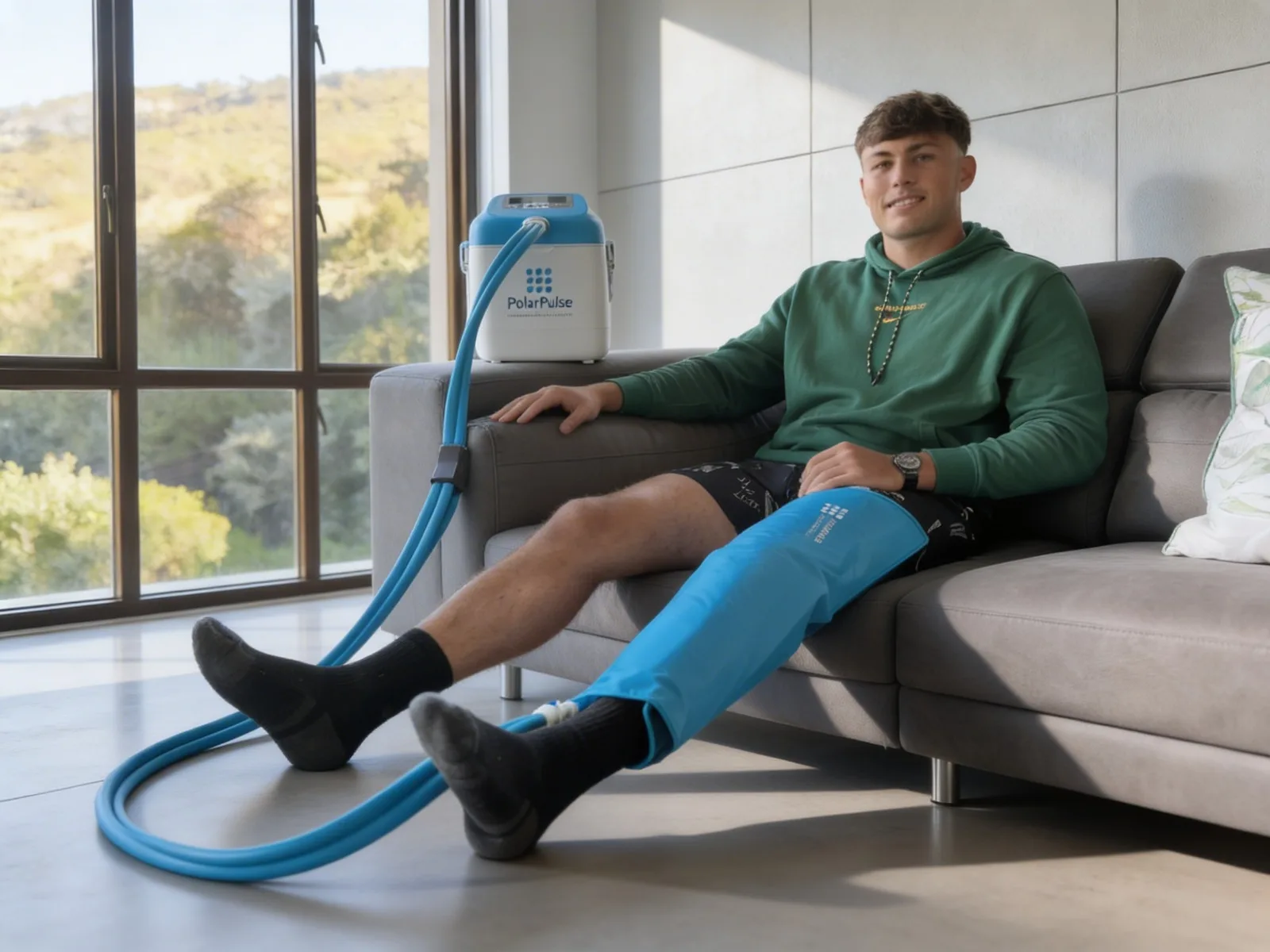 Athlete at home using the PolarPulse full-leg cuff